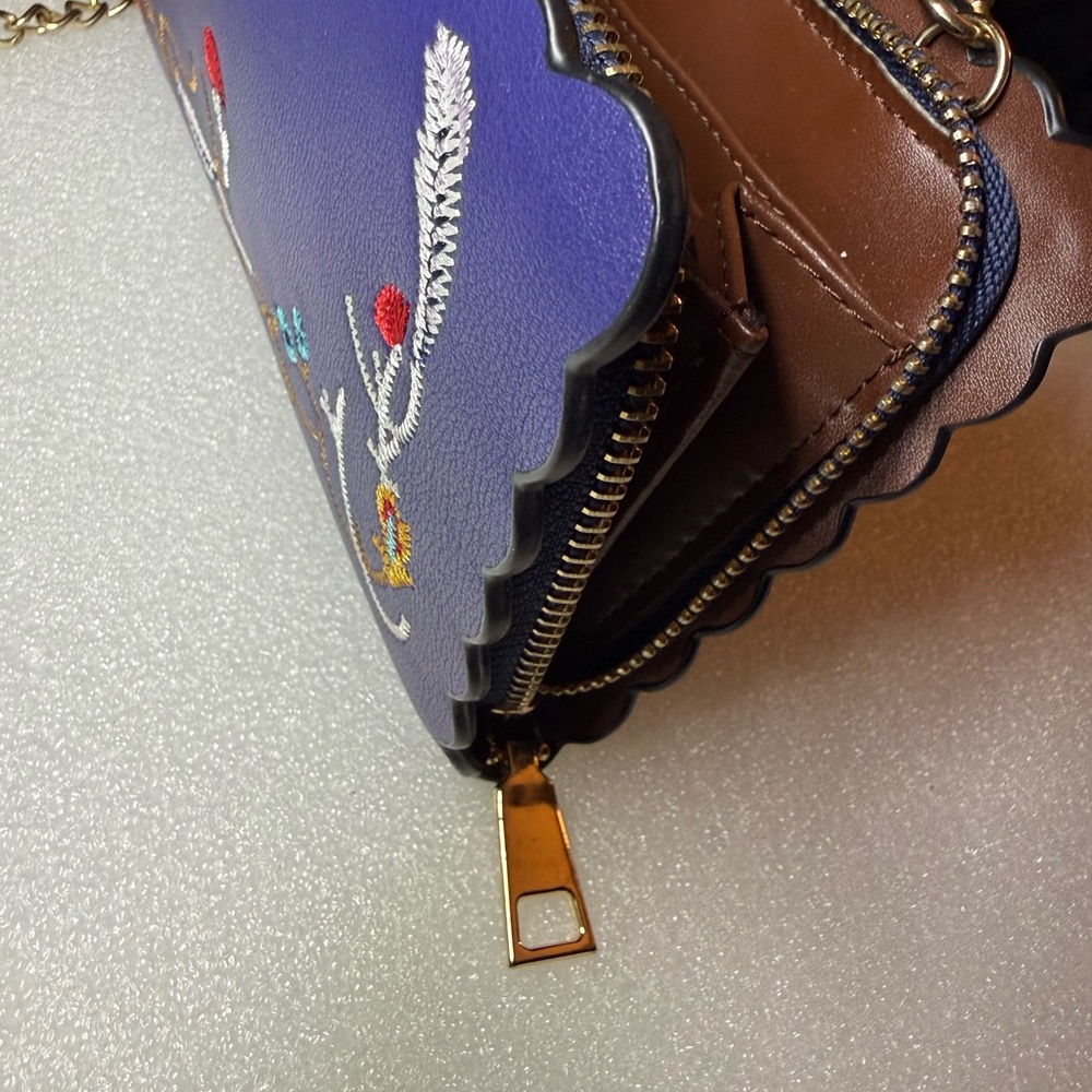 Whimsical Embroidered Navy Crossbody - Fairytale Scalloped Edge Gold Chain - Picture 9 of 11